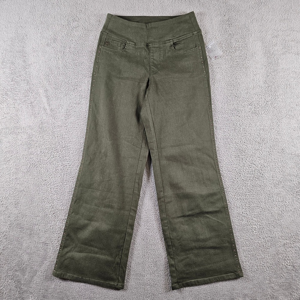 Belle by Kim Gravel TripleLuxe Olive Green Studded Wide Leg Pants 4P Petite